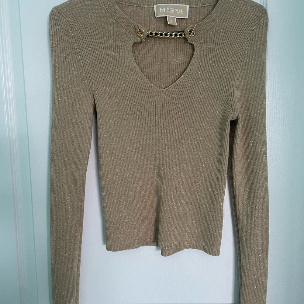 Michael Kors Metallic Gold Sweater with Chain Accent
